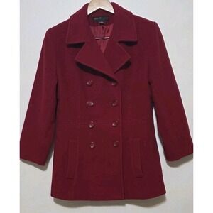 JASON KOLE Red Wool Button Up Pea Coat Jacket Petites Women 6P Pockets Thick EUC